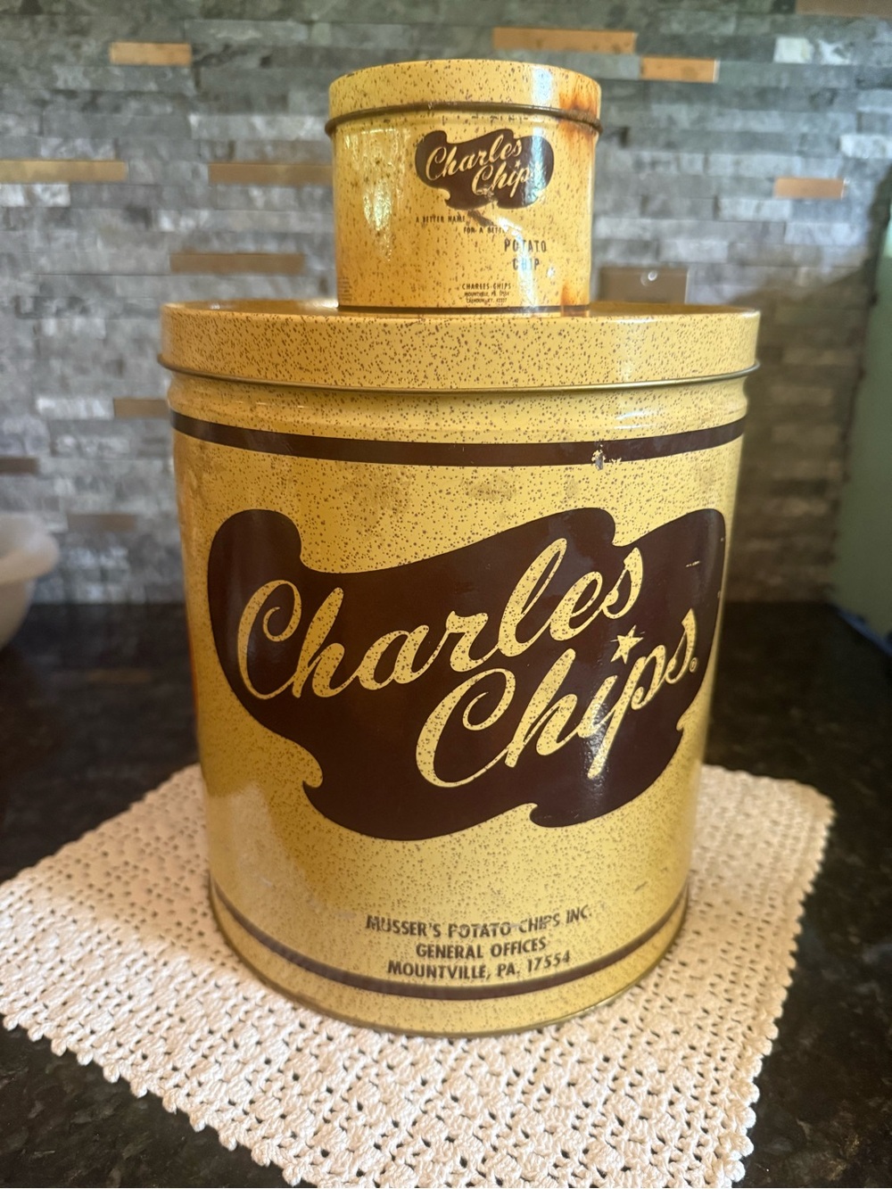 Vintage Granny Core Charles Chips Vintage Tins Canister - Yellow & Brown
